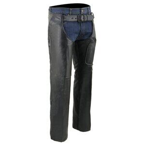 Unisex Black Premium Leather Motorcycle Rider Chaps w/ Front 3-Pockets-Size 2XS